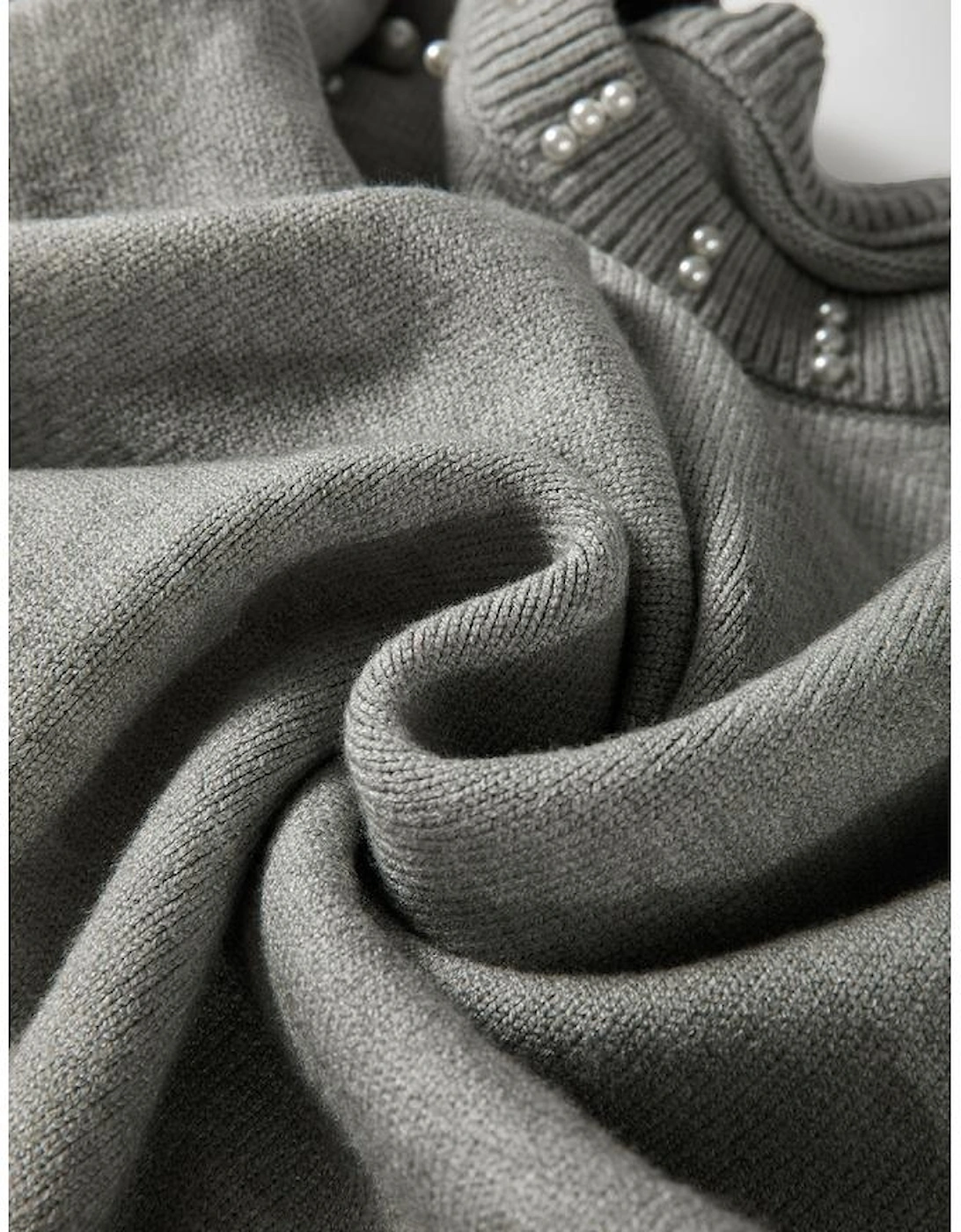 Light Grey Pearled Drop Shoulder Round Neck Sweater