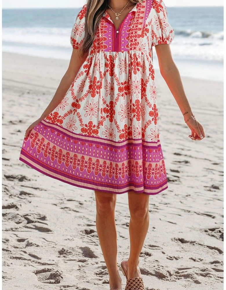 Rose Boho Floral Short Sleeve Lace-up V Neck Mini Dress