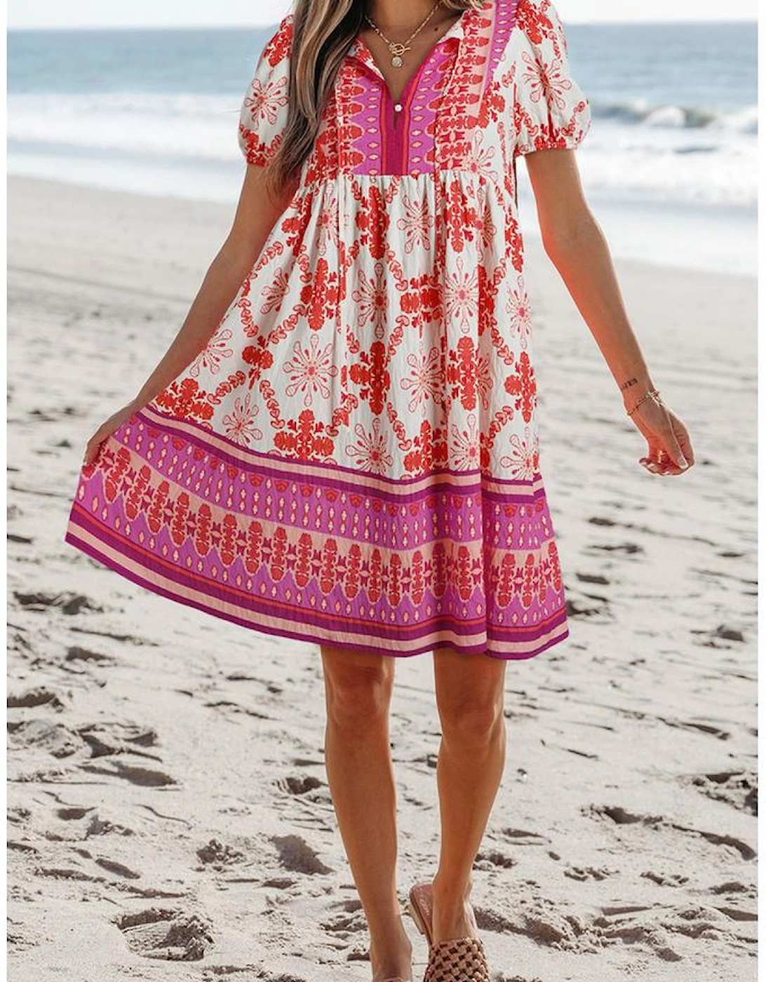 Rose Boho Floral Short Sleeve Lace-up V Neck Mini Dress