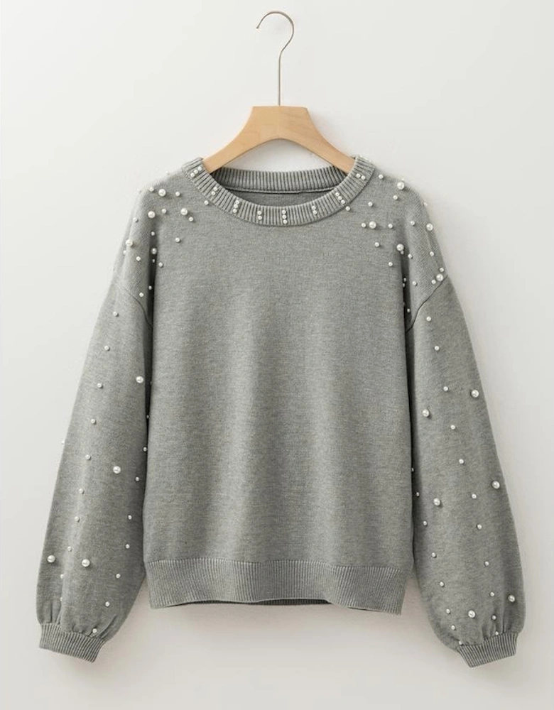 Light Grey Pearled Drop Shoulder Round Neck Sweater