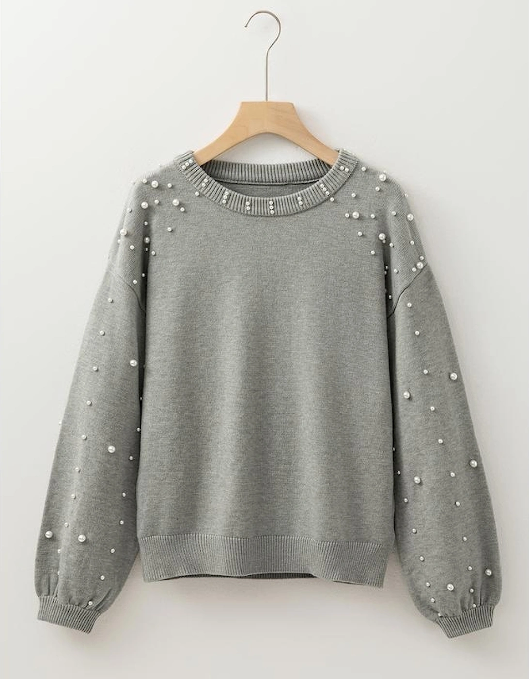 Light Grey Pearled Drop Shoulder Round Neck Sweater