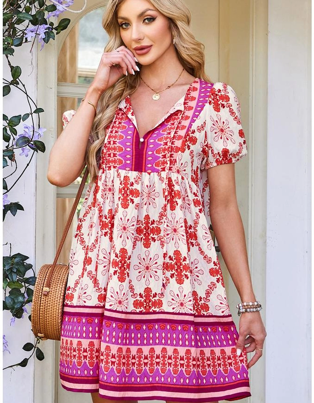 Rose Boho Floral Short Sleeve Lace-up V Neck Mini Dress