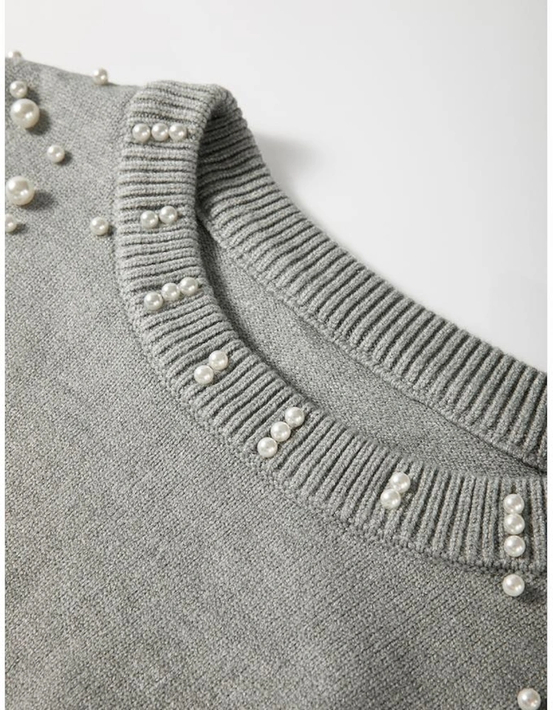 Light Grey Pearled Drop Shoulder Round Neck Sweater