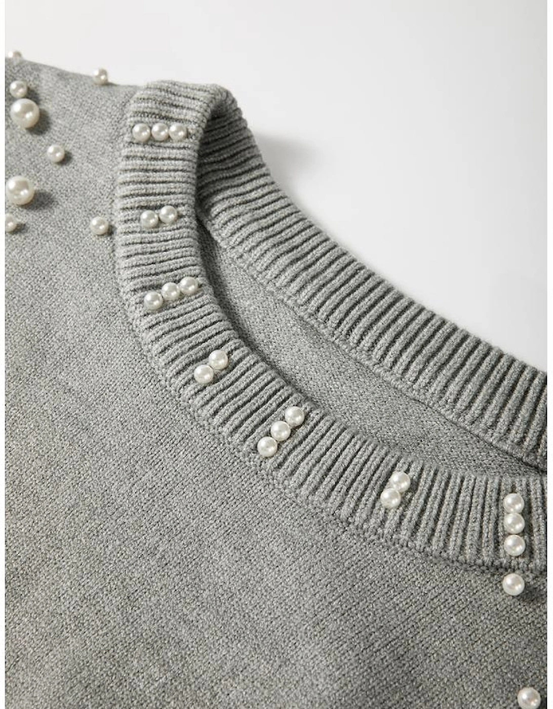 Light Grey Pearled Drop Shoulder Round Neck Sweater