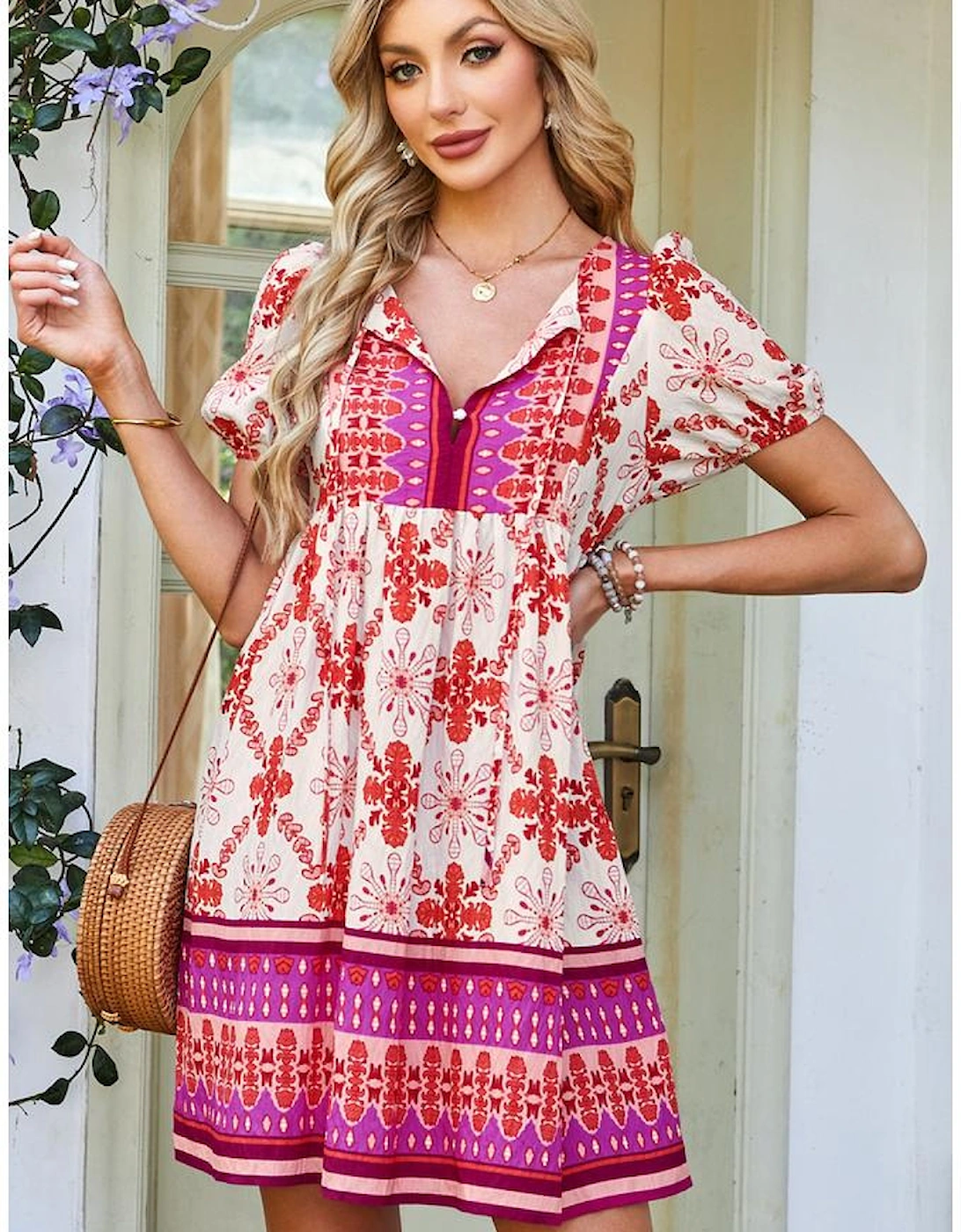 Rose Boho Floral Short Sleeve Lace-up V Neck Mini Dress