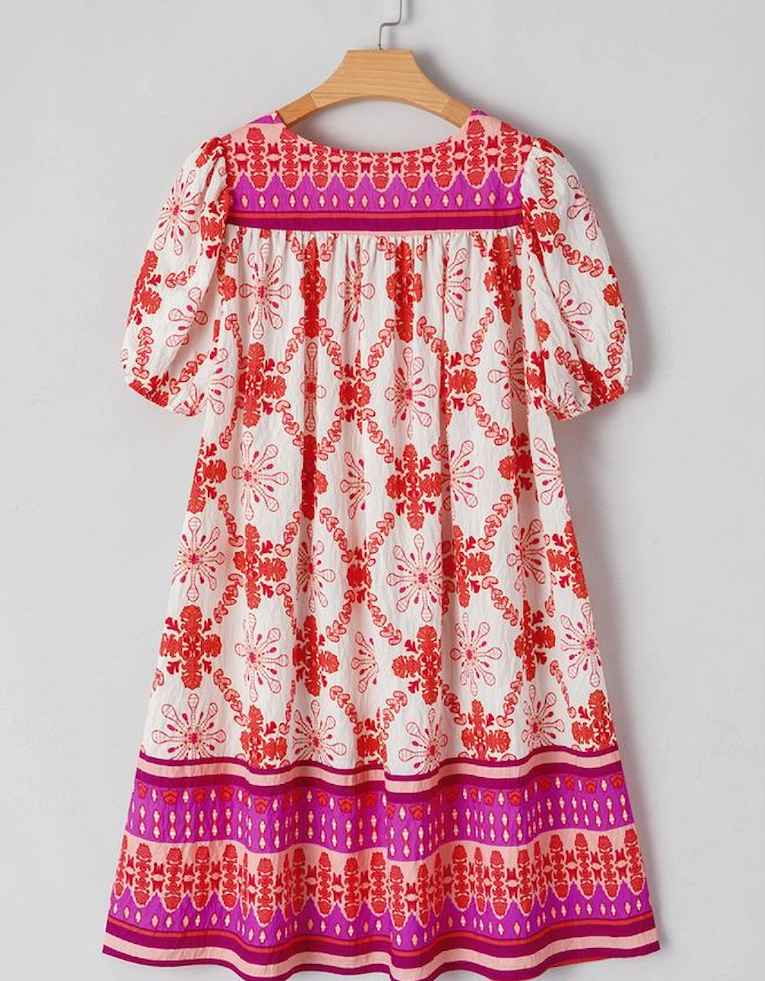 Rose Boho Floral Short Sleeve Lace-up V Neck Mini Dress