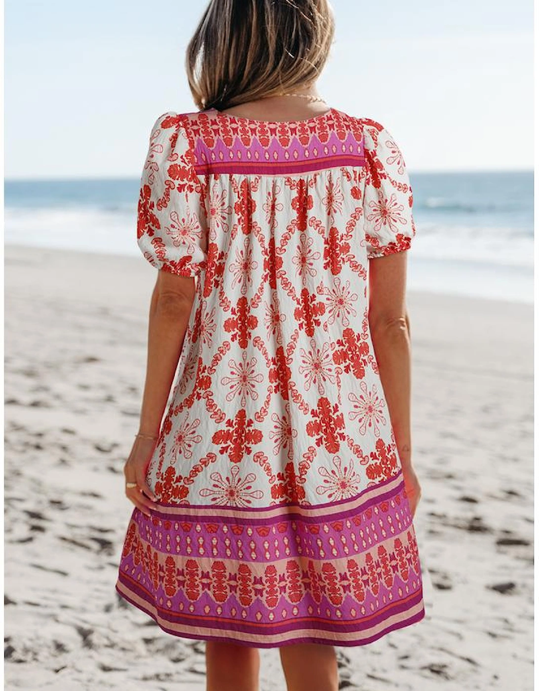 Rose Boho Floral Short Sleeve Lace-up V Neck Mini Dress