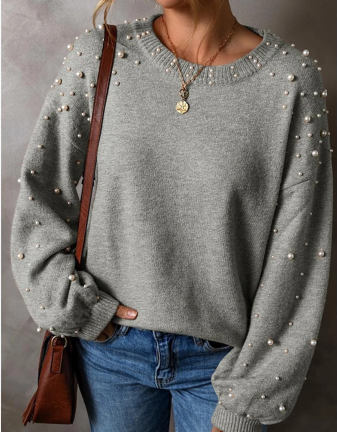 Light Grey Pearled Drop Shoulder Round Neck Sweater