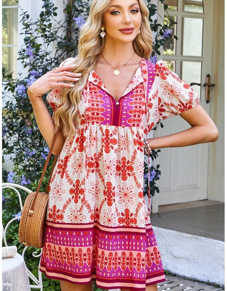 Rose Boho Floral Short Sleeve Lace-up V Neck Mini Dress