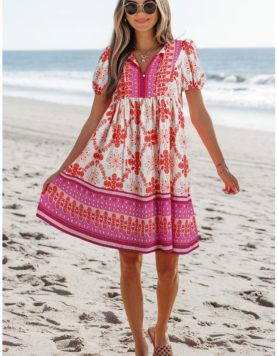 Rose Boho Floral Short Sleeve Lace-up V Neck Mini Dress