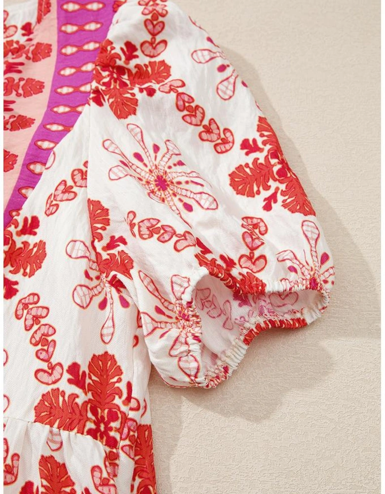 Rose Boho Floral Short Sleeve Lace-up V Neck Mini Dress