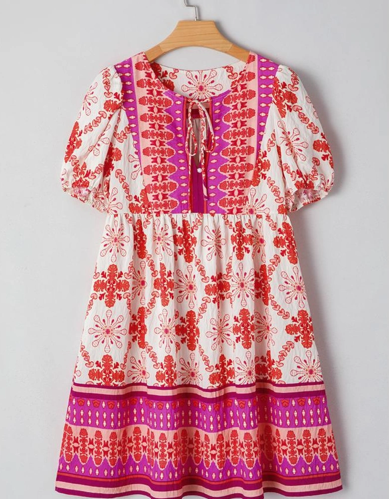 Rose Boho Floral Short Sleeve Lace-up V Neck Mini Dress