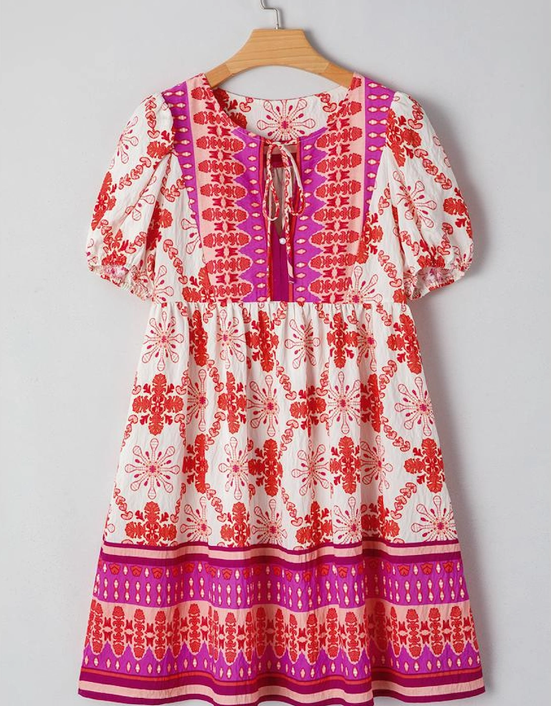 Rose Boho Floral Short Sleeve Lace-up V Neck Mini Dress