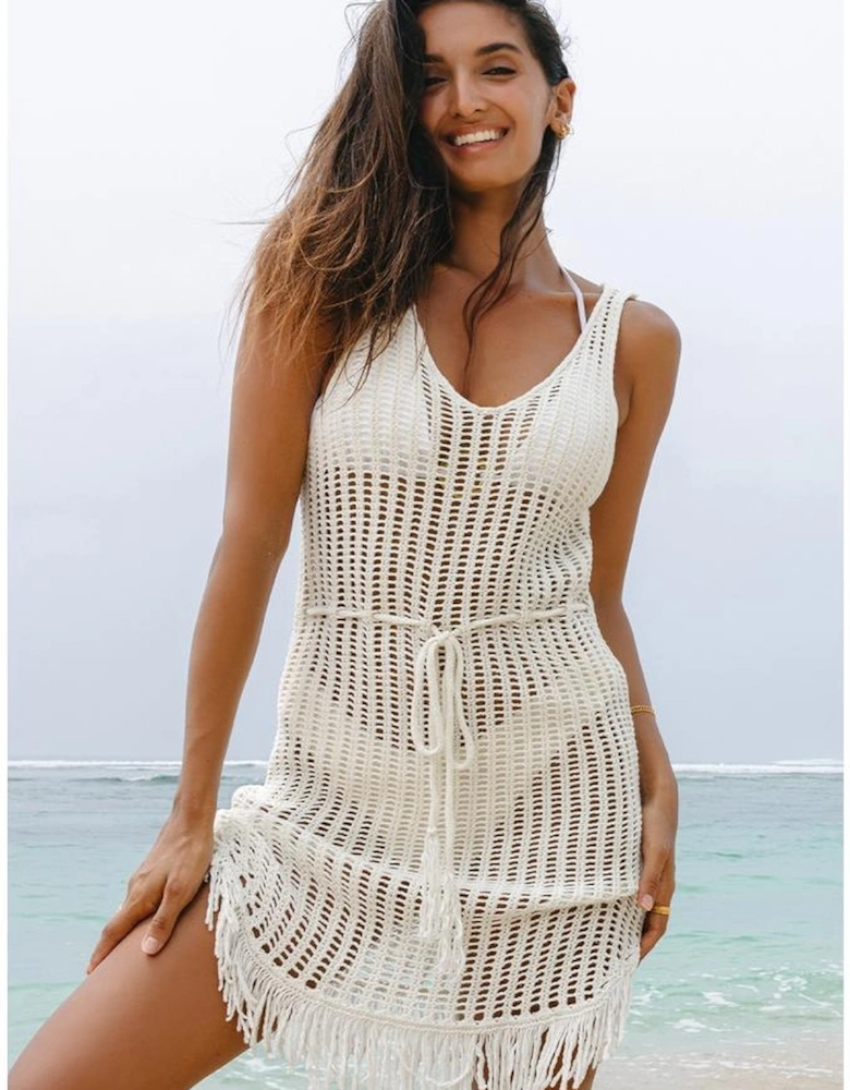 White Crochet Fishnet Fringed Edge V Neck Beach Cover Up