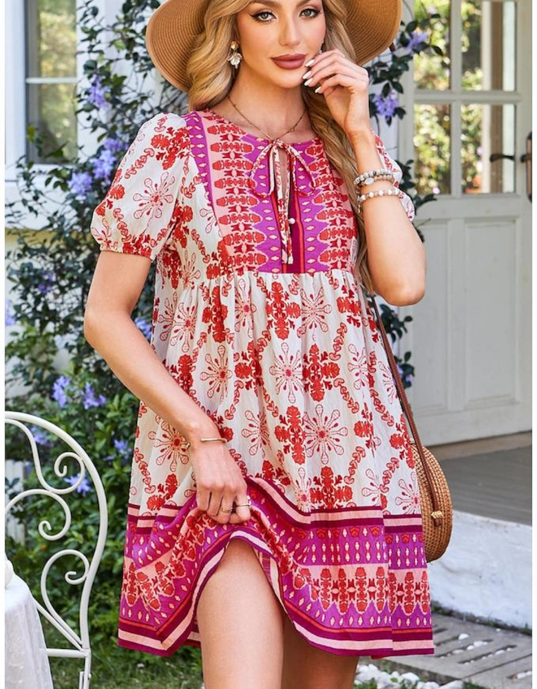 Rose Boho Floral Short Sleeve Lace-up V Neck Mini Dress