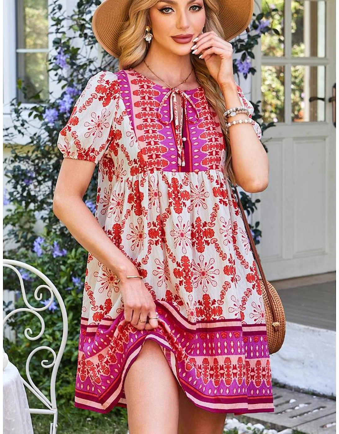 Rose Boho Floral Short Sleeve Lace-up V Neck Mini Dress