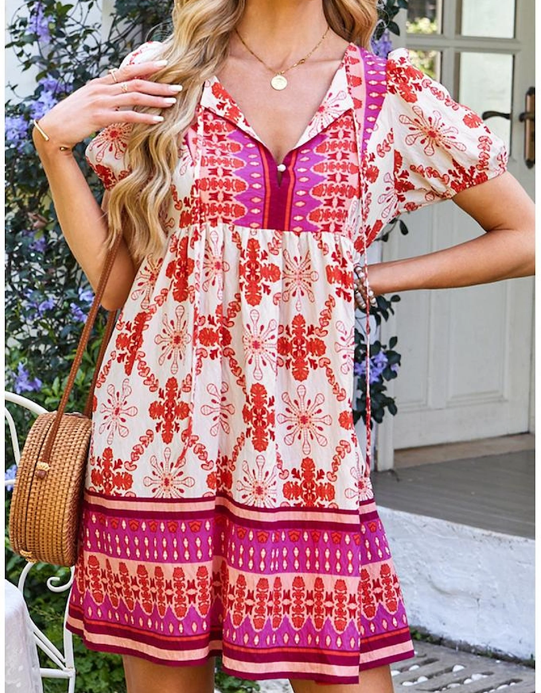 Rose Boho Floral Short Sleeve Lace-up V Neck Mini Dress