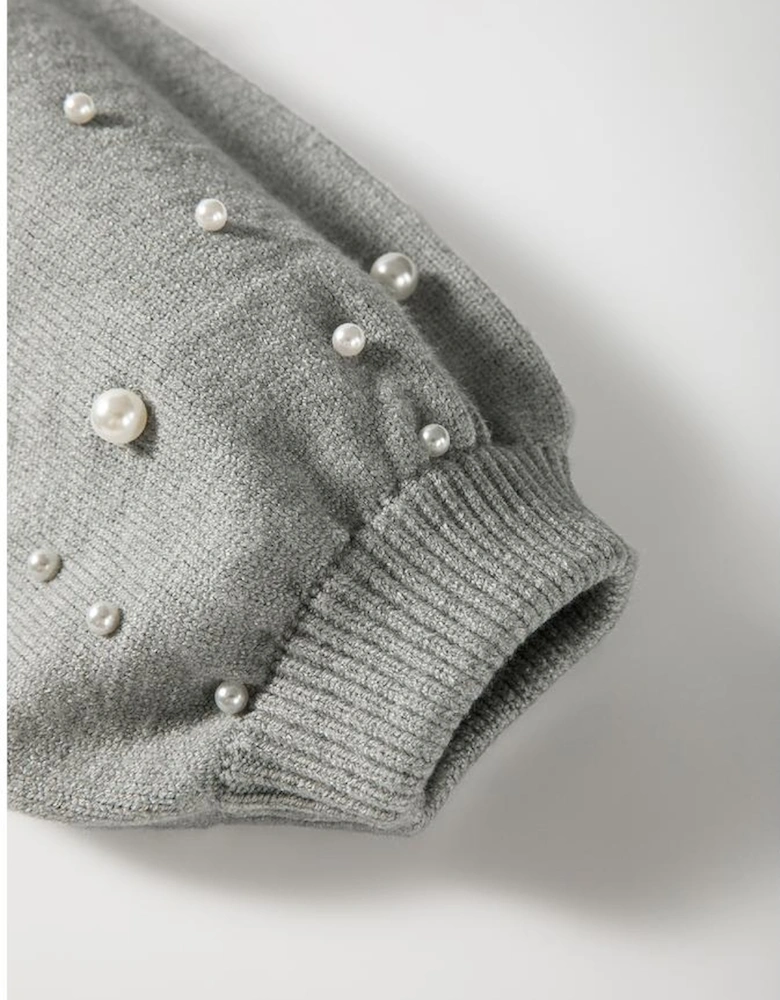 Light Grey Pearled Drop Shoulder Round Neck Sweater