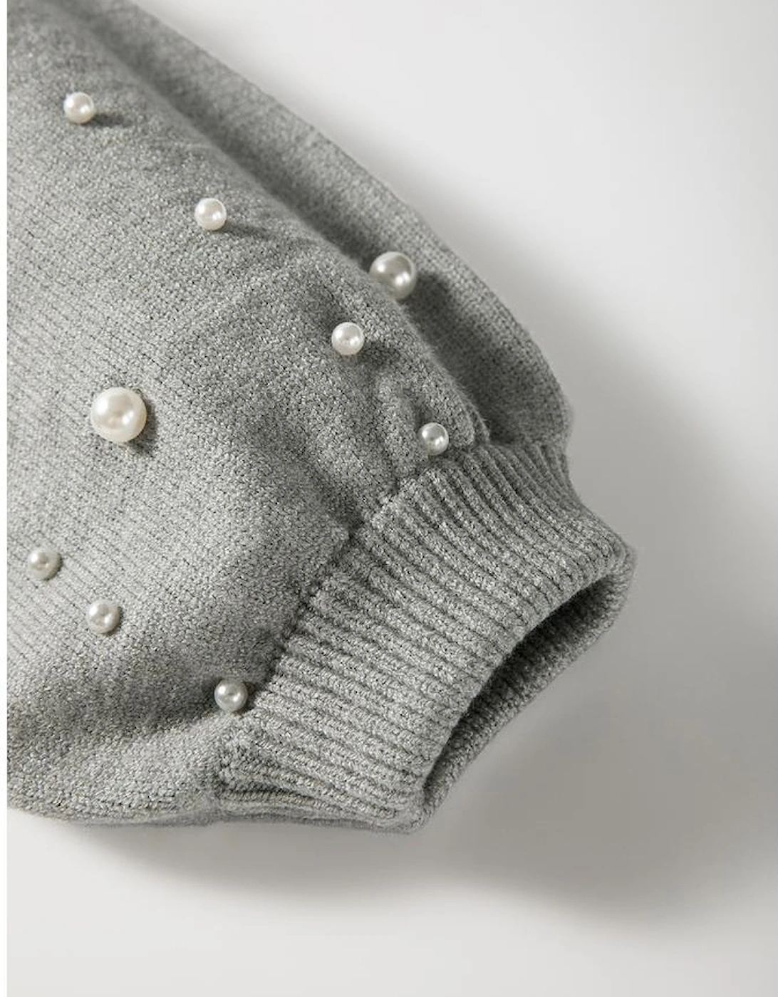Light Grey Pearled Drop Shoulder Round Neck Sweater