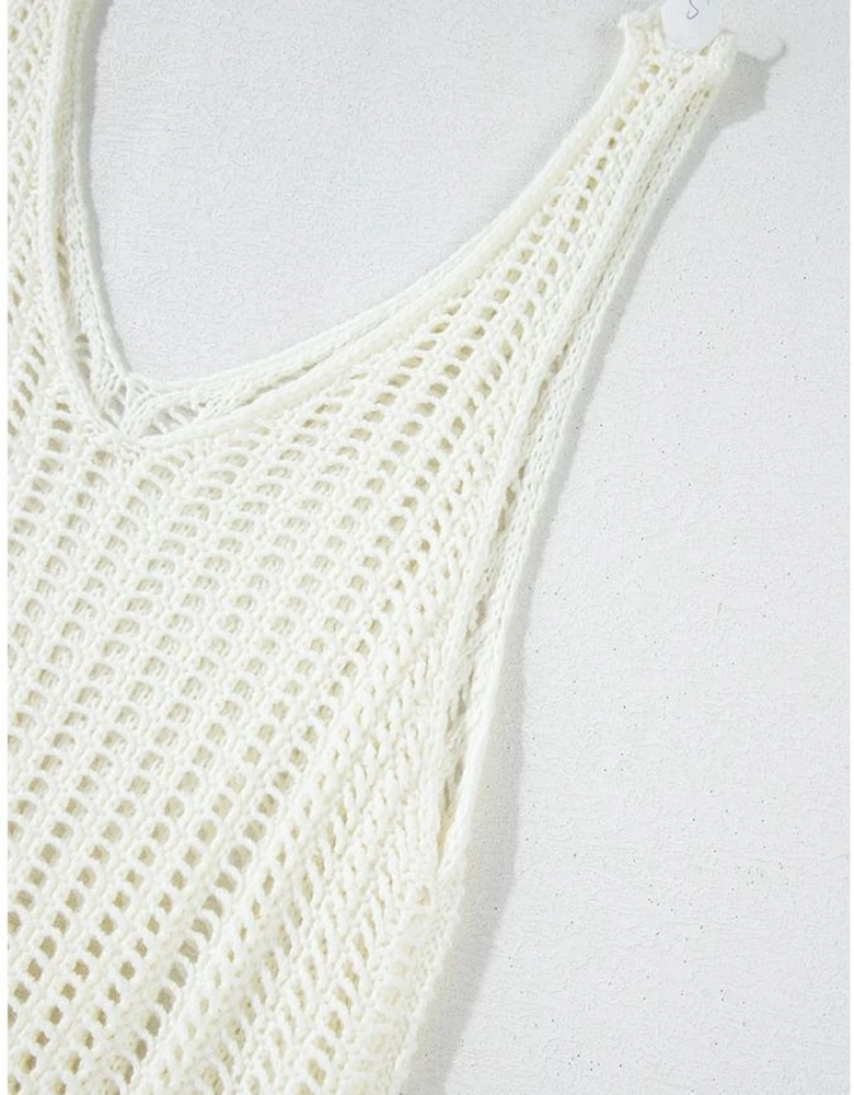 White Crochet Fishnet Fringed Edge V Neck Beach Cover Up