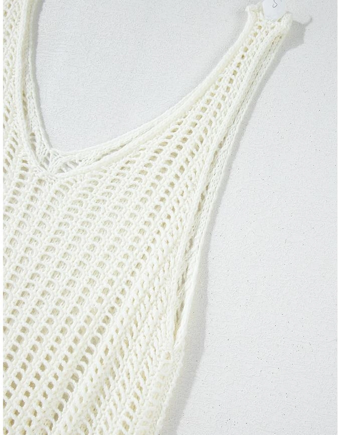White Crochet Fishnet Fringed Edge V Neck Beach Cover Up