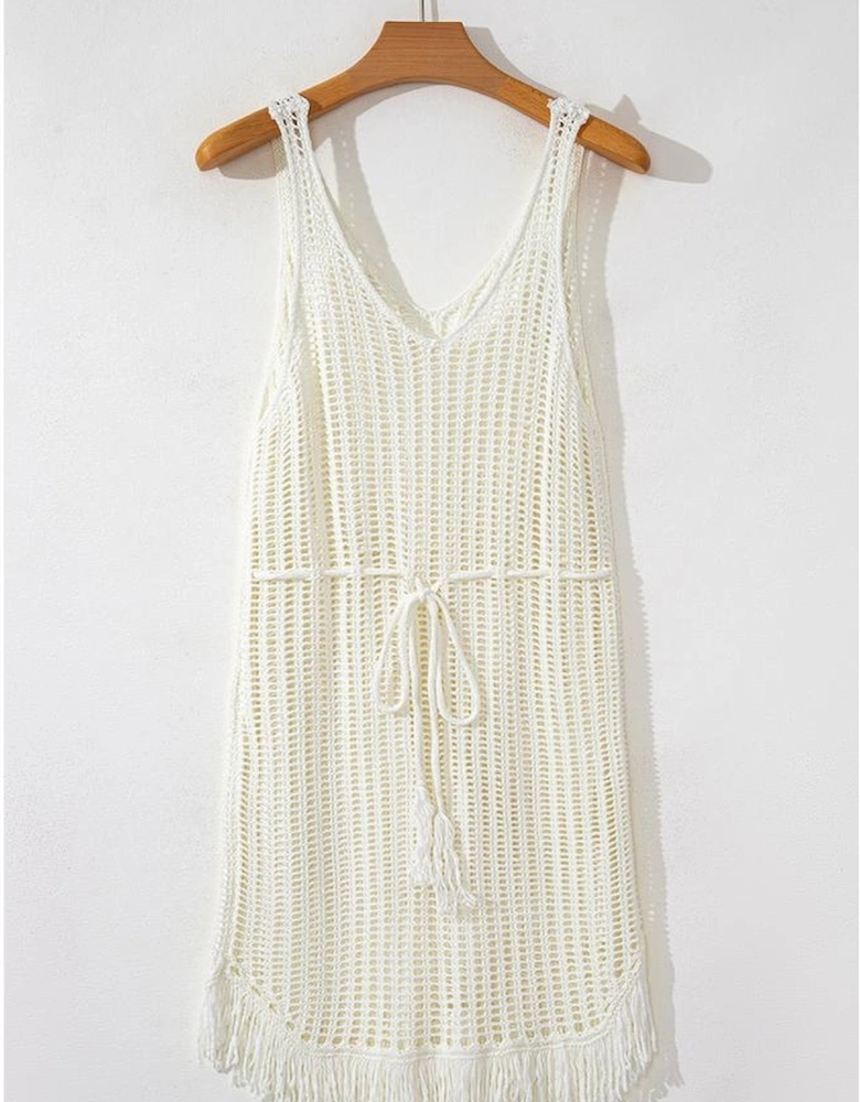 White Crochet Fishnet Fringed Edge V Neck Beach Cover Up