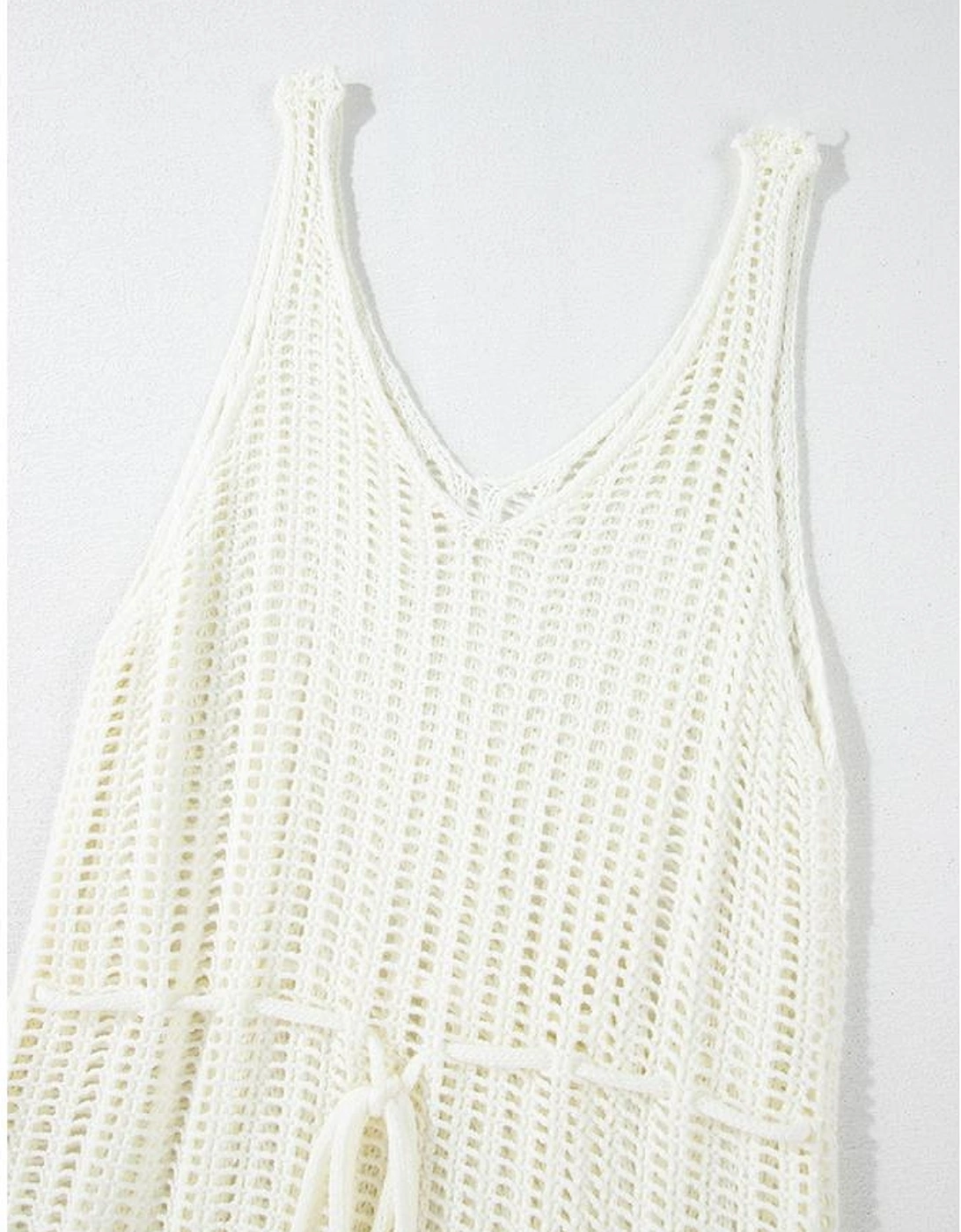 White Crochet Fishnet Fringed Edge V Neck Beach Cover Up
