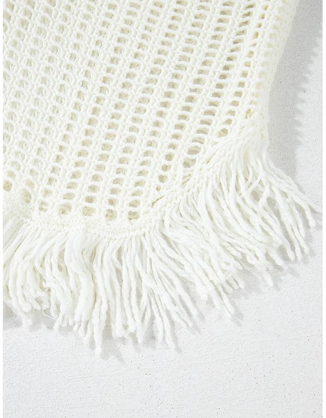 White Crochet Fishnet Fringed Edge V Neck Beach Cover Up