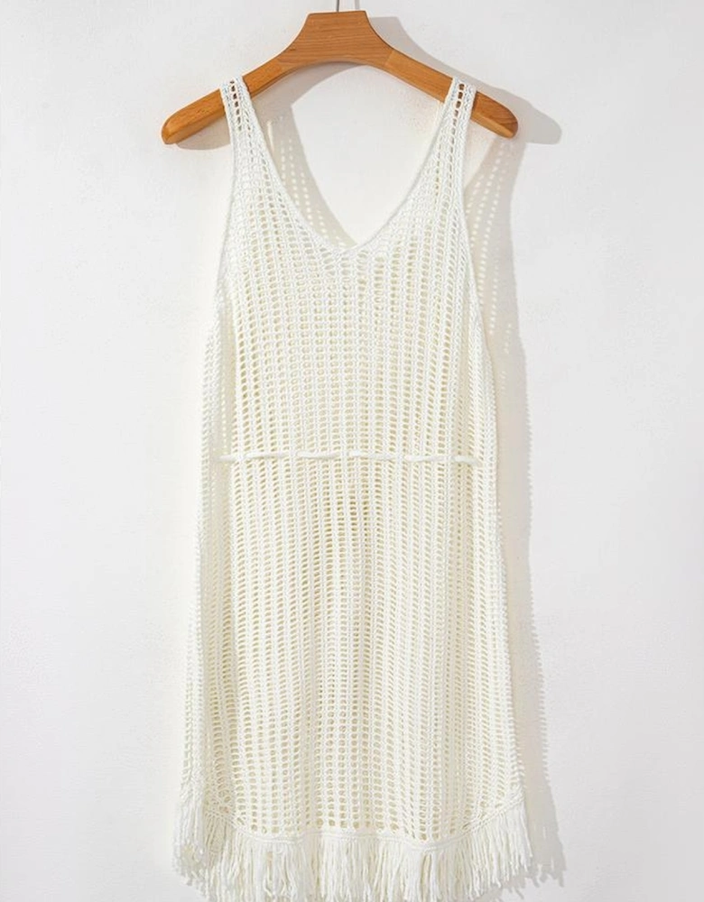 White Crochet Fishnet Fringed Edge V Neck Beach Cover Up
