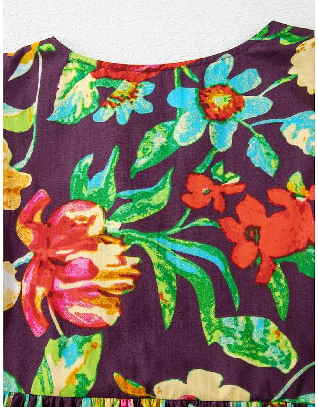 Greyish Purple Rose Flower Embroidered Trim Half Sleeve Blouse