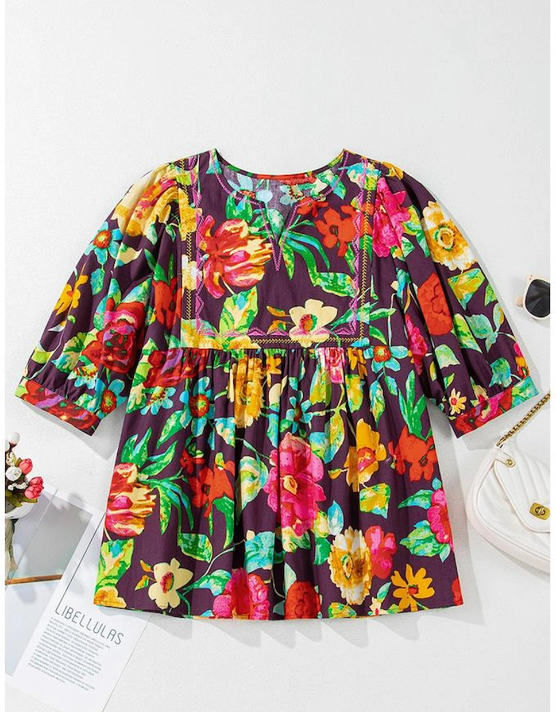 Greyish Purple Rose Flower Embroidered Trim Half Sleeve Blouse