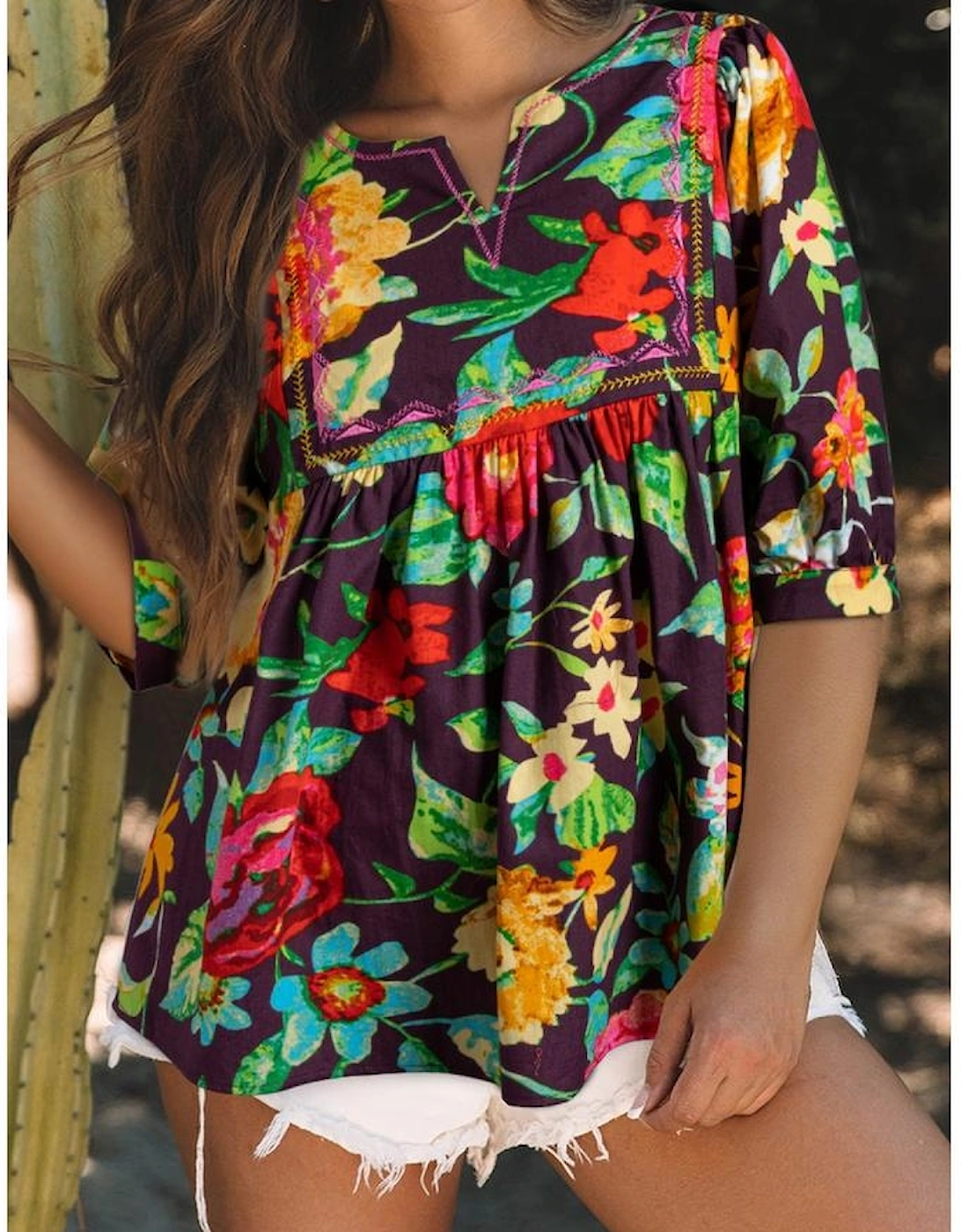 Greyish Purple Rose Flower Embroidered Trim Half Sleeve Blouse