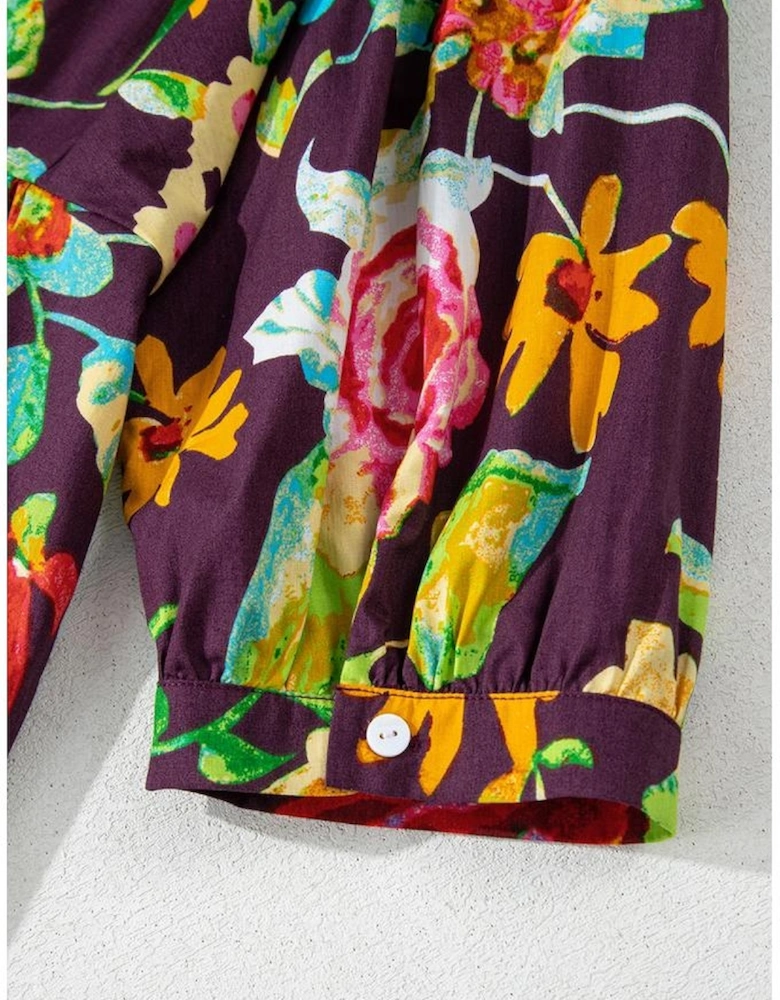 Greyish Purple Rose Flower Embroidered Trim Half Sleeve Blouse