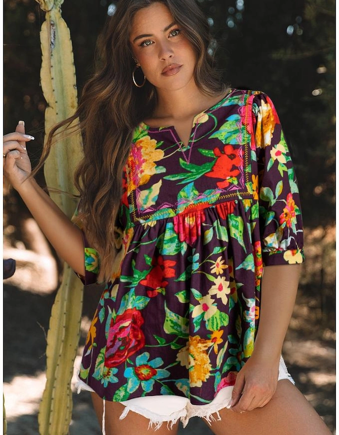 Greyish Purple Rose Flower Embroidered Trim Half Sleeve Blouse