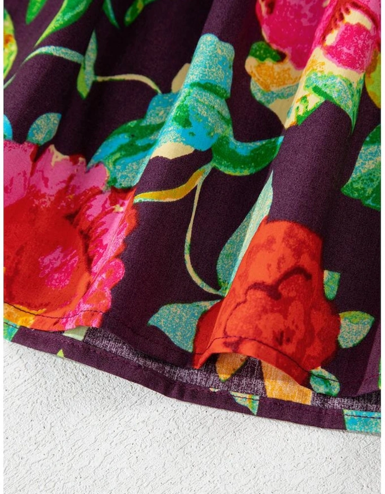 Greyish Purple Rose Flower Embroidered Trim Half Sleeve Blouse