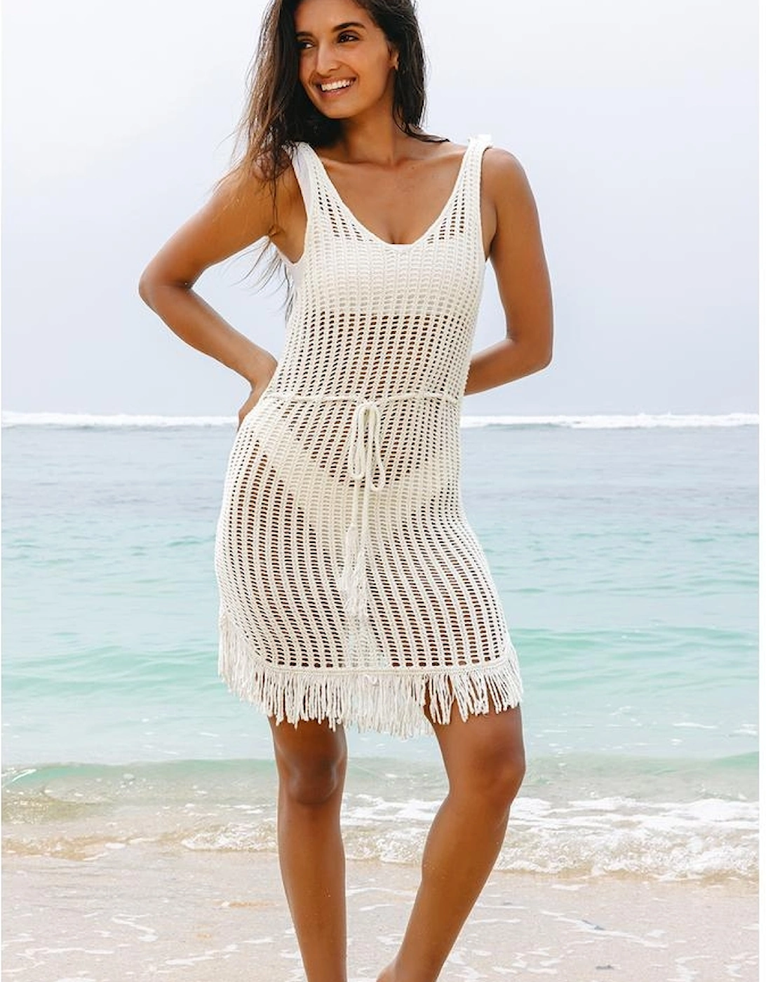 White Crochet Fishnet Fringed Edge V Neck Beach Cover Up