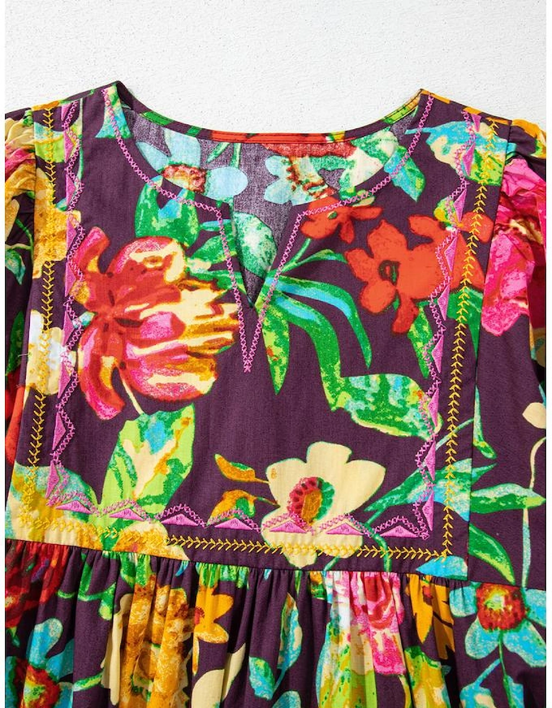 Greyish Purple Rose Flower Embroidered Trim Half Sleeve Blouse