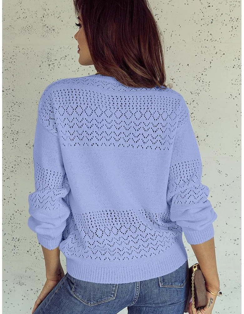 Sky Blue Eyelet Pattern Detail V Neck Drop Shoulder Sweater