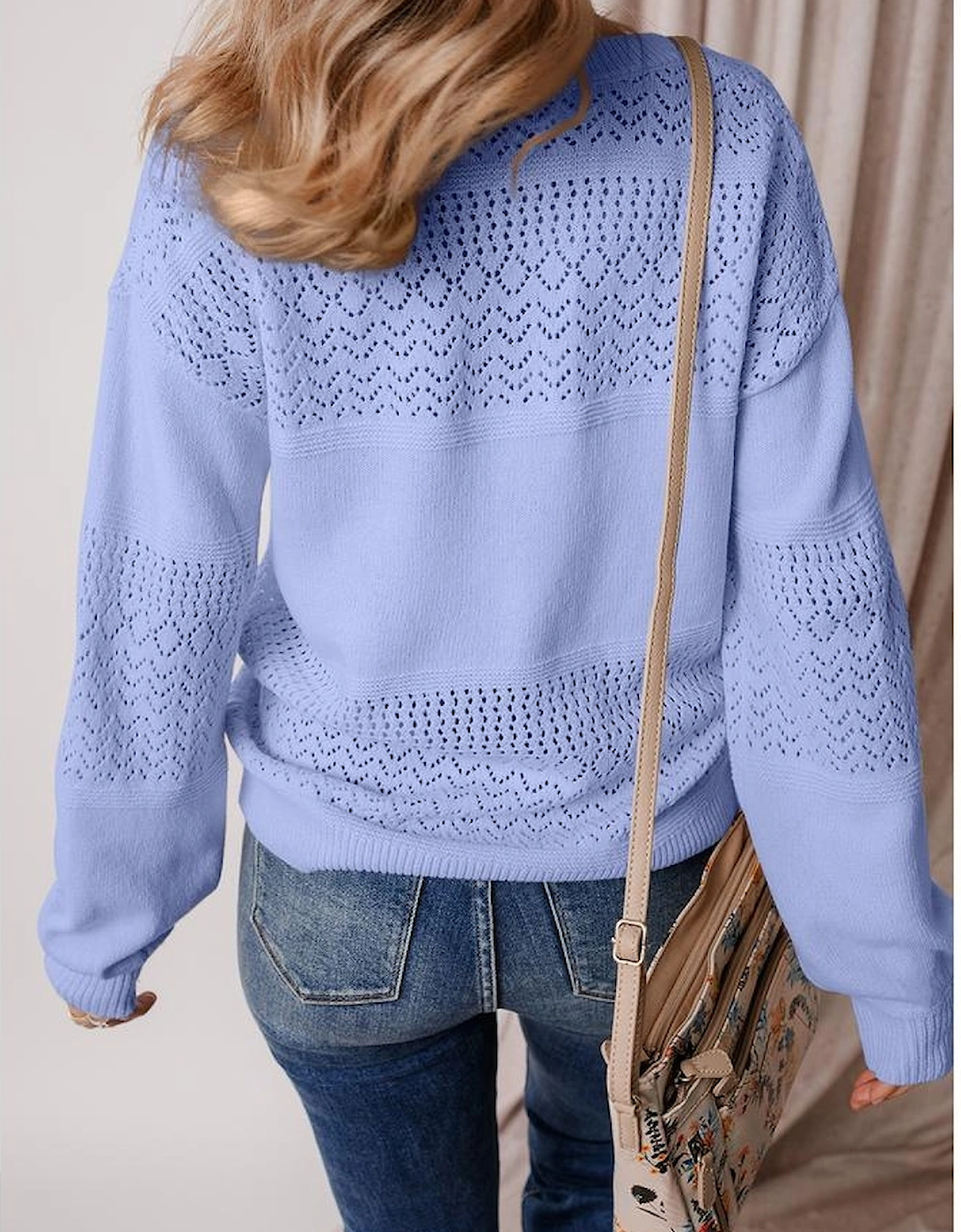 Sky Blue Eyelet Pattern Detail V Neck Drop Shoulder Sweater, 16 of 15