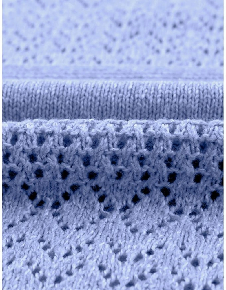 Sky Blue Eyelet Pattern Detail V Neck Drop Shoulder Sweater