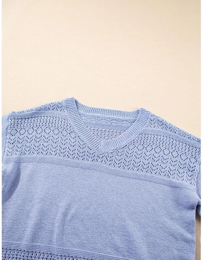 Sky Blue Eyelet Pattern Detail V Neck Drop Shoulder Sweater