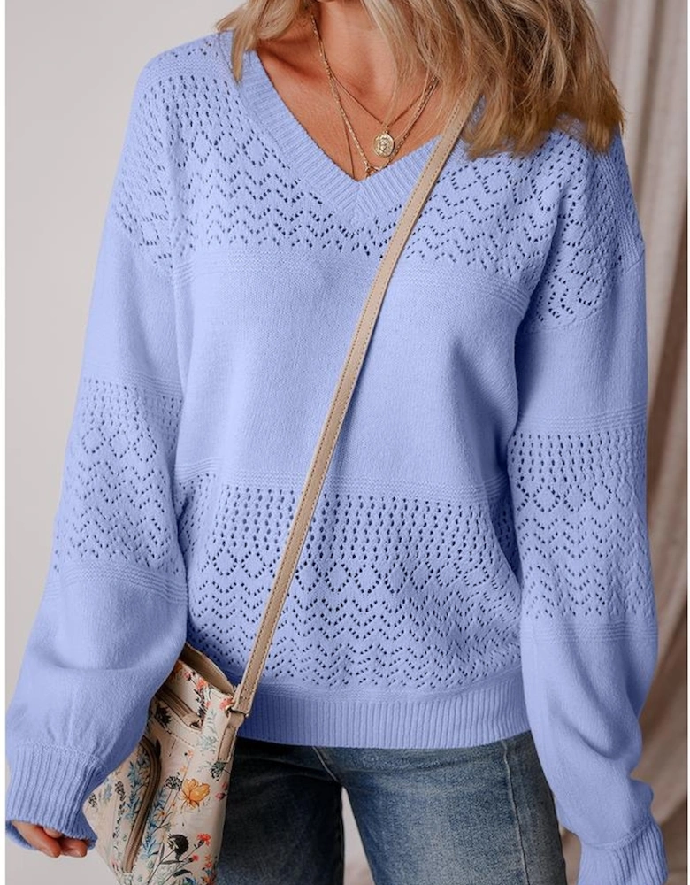 Sky Blue Eyelet Pattern Detail V Neck Drop Shoulder Sweater