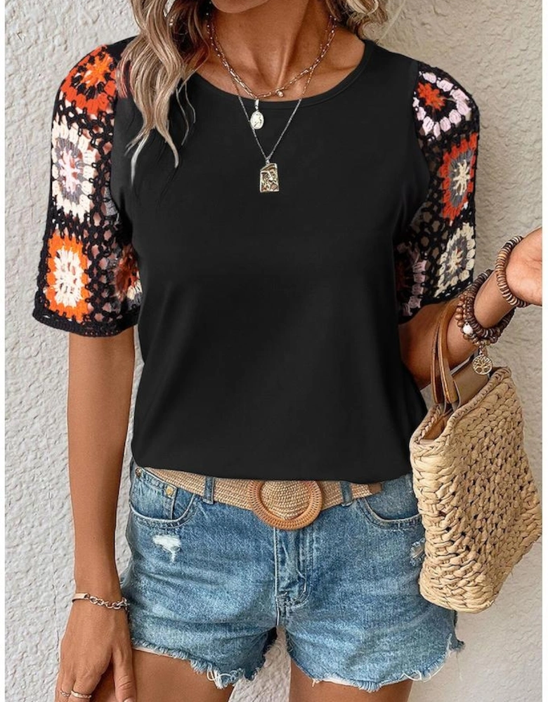 Black Floral Crochet Short Sleeve Top