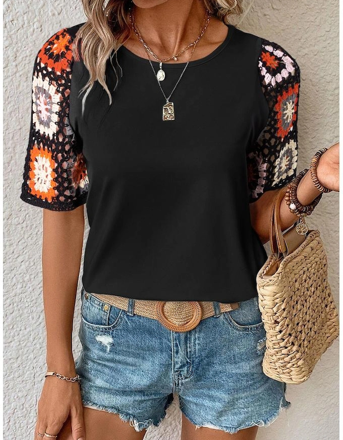 Black Floral Crochet Short Sleeve Top
