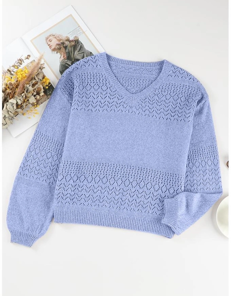 Sky Blue Eyelet Pattern Detail V Neck Drop Shoulder Sweater