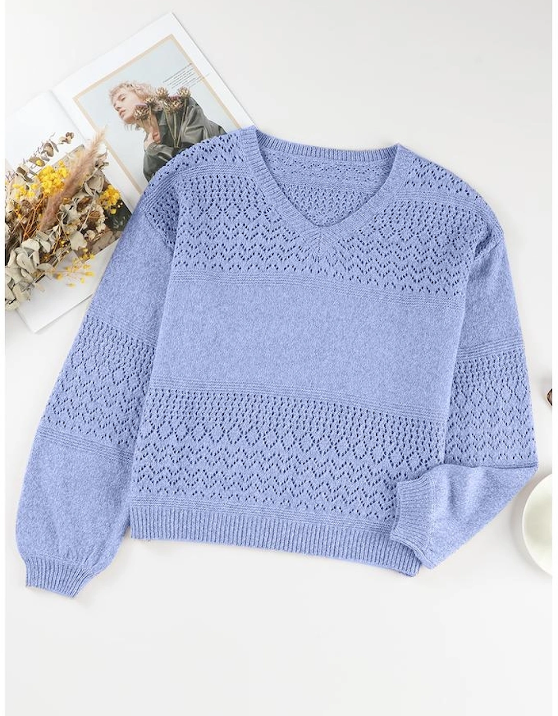 Sky Blue Eyelet Pattern Detail V Neck Drop Shoulder Sweater