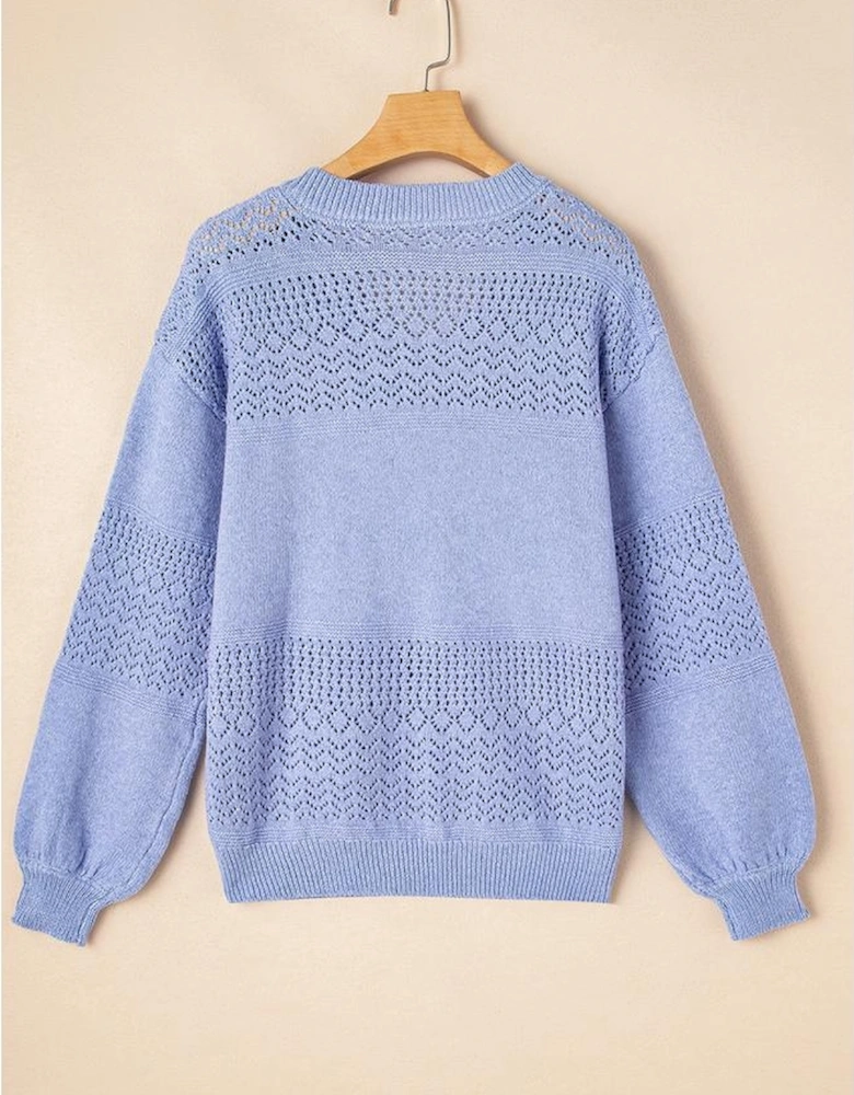 Sky Blue Eyelet Pattern Detail V Neck Drop Shoulder Sweater
