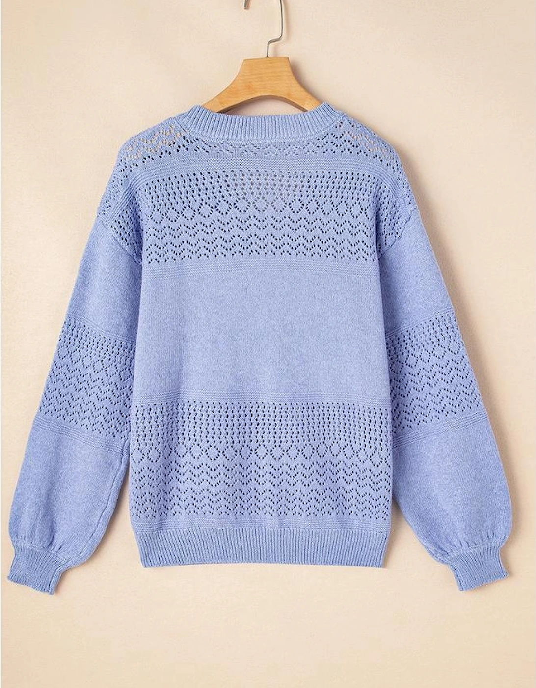 Sky Blue Eyelet Pattern Detail V Neck Drop Shoulder Sweater