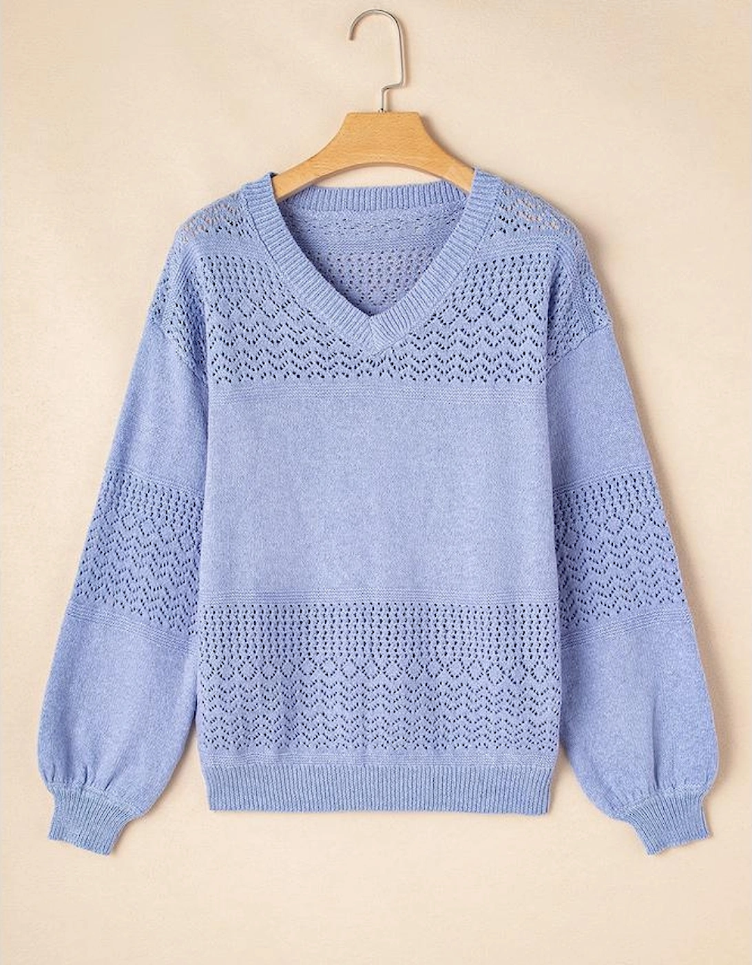 Sky Blue Eyelet Pattern Detail V Neck Drop Shoulder Sweater