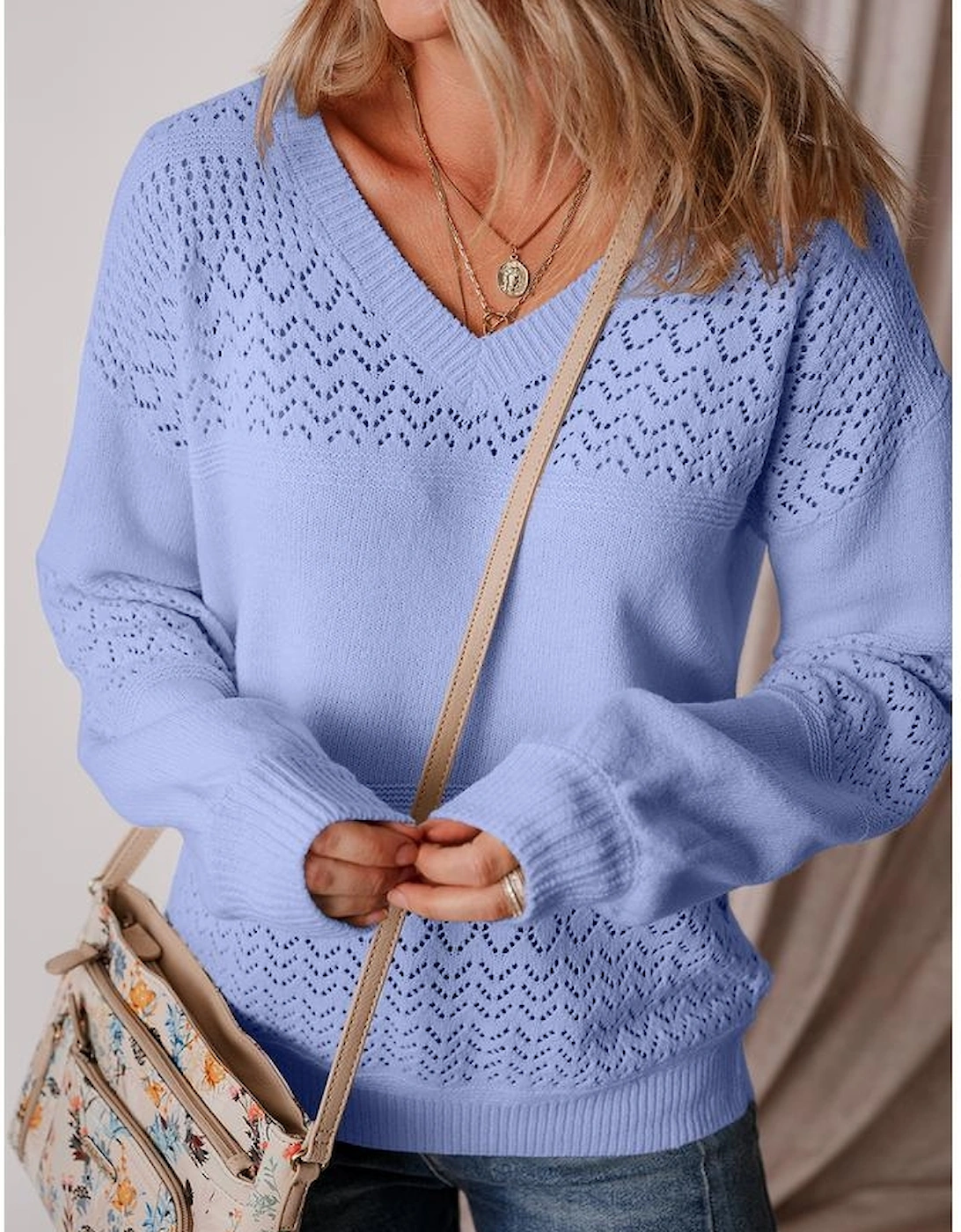 Sky Blue Eyelet Pattern Detail V Neck Drop Shoulder Sweater